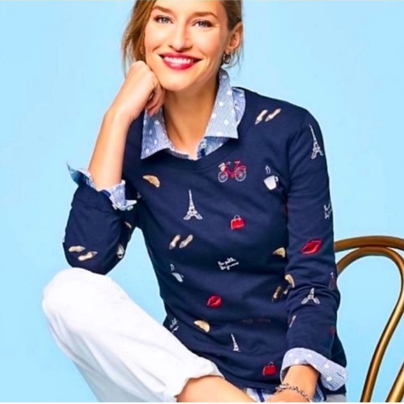 Talbots Sweater Women's Sz Med Embroidery Navy Blue Paris French Preppy Iconic - Picture 1 of 6